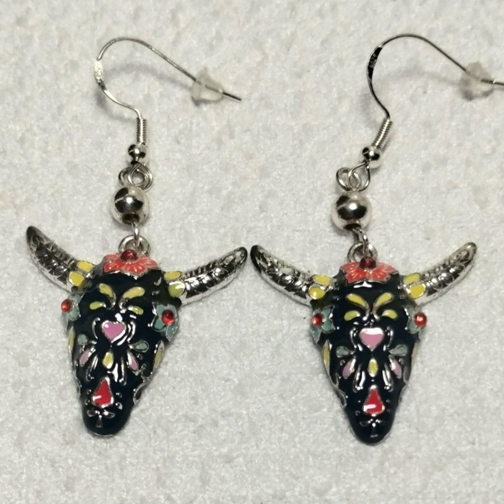 Southwestern Enamel Bull Skull Dangle Earrings Black Silver Day of the Dead Boho